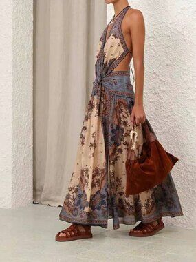 Zimmermann Floral Halter Maxi Dress Size 0 Boho Tie Waist Open Back